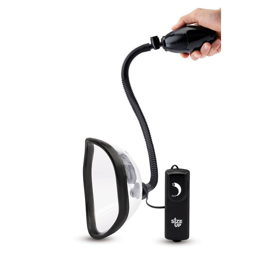 Size Up Vibrating Pussy Pump. Full view of the clear product on a white background, wider framing.