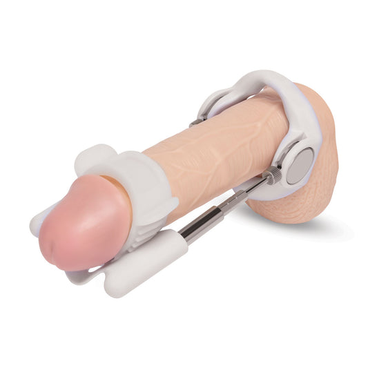 Size Up Penis Extender. Studio photo of the white product on a white background, wider framing.