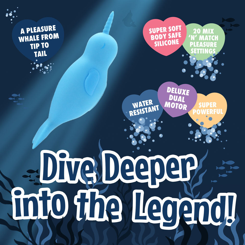 Blue whale-shaped product with underwater design and promotional text on a dark blue background