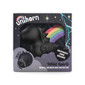 Black unicorn-shaped toy in packaging with rainbow and 'Unicorn' branding.