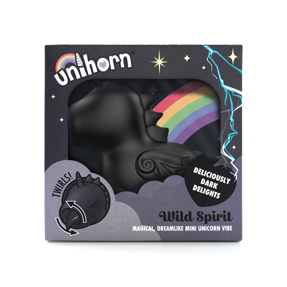Black unicorn-shaped toy in packaging with rainbow and 'Unicorn' branding.