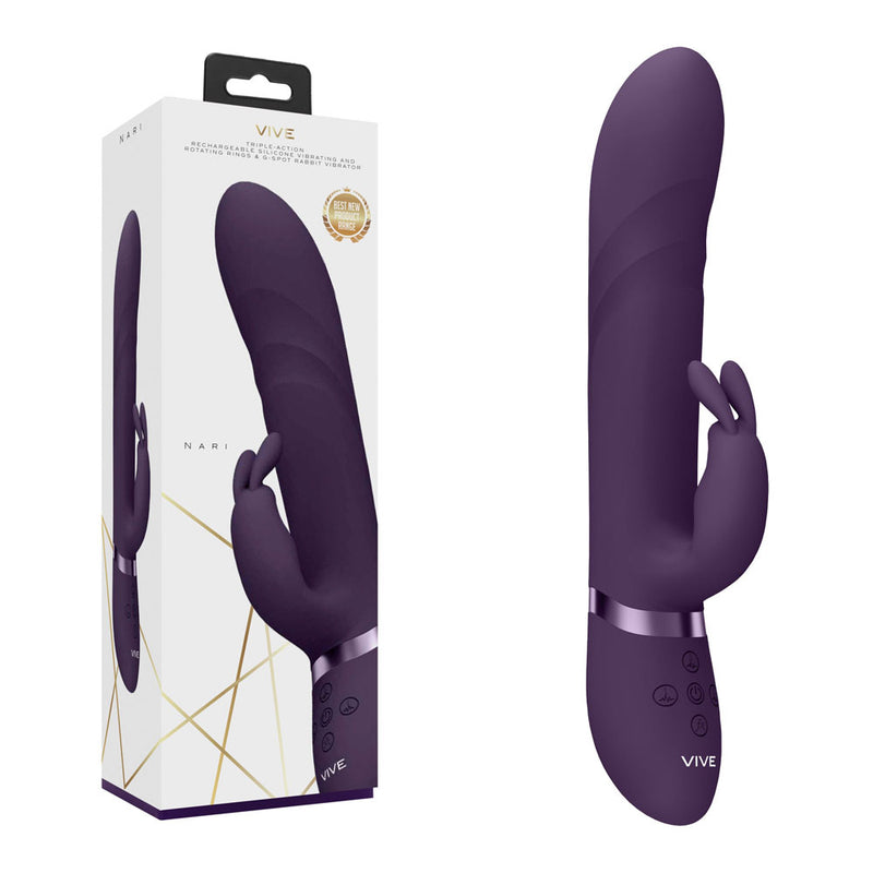 Purple electronic device with 'Vive' branding next to its packaging on a white background