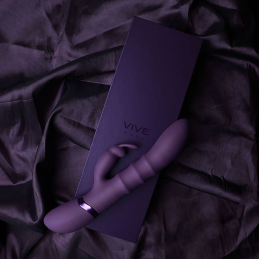 Purple electronic device with 'VIVE' branding on a textured purple fabric background