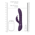 Purple toy with measurements shown next to a can and lipstick on a white background