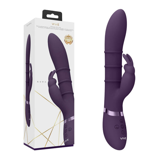 Purple electronic device with packaging labeled 'Vive' on a white background