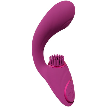 Pink handheld grooming tool with bristle head on a white background