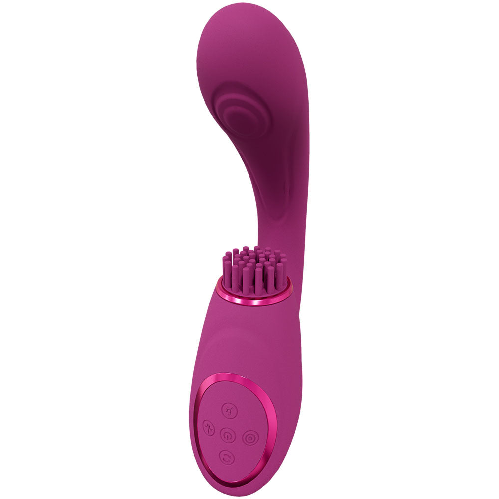 Purple handheld massager with control panel on a white background