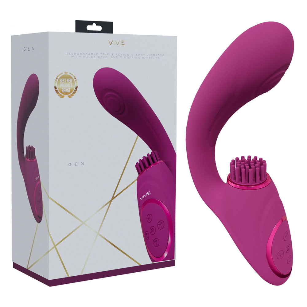 Purple electronic device with brush attachment next to its packaging on a white background