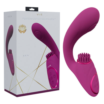 Purple electronic device with brush attachment next to its packaging on a white background