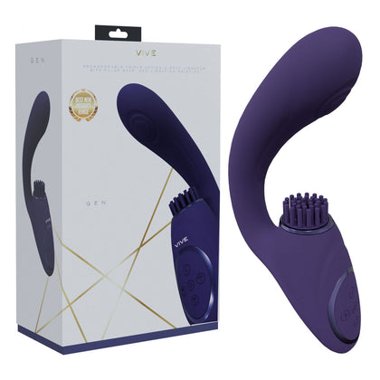 Purple electronic device with brush attachment next to its packaging on a white background