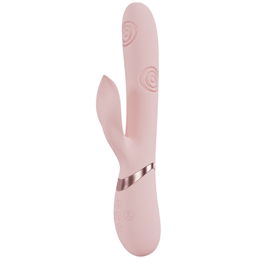 Pink electronic device with a spiral design on a white background