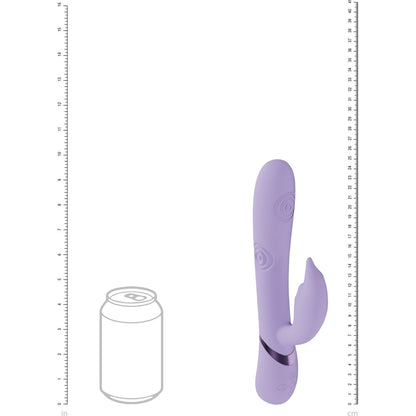 Purple toy with a can of soda for scale on a white background