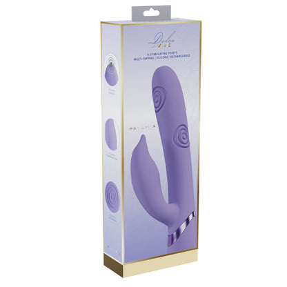 Purple electronic device packaging with brand logo on a white background