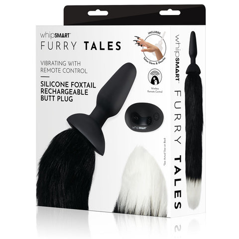 WhipSmart Furry Tales Silicone Foxtail Rechargeable Butt Plug - Black 9.5 cm Vibrating Butt Plug with Black Fox Tail & Remote Control - Image 1