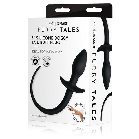 WhipSmart Furry Tales 3'' Silicone Doggy Tail Butt Plug - Black 7.6 cm Butt Plug with Doggy Tail - Image 1