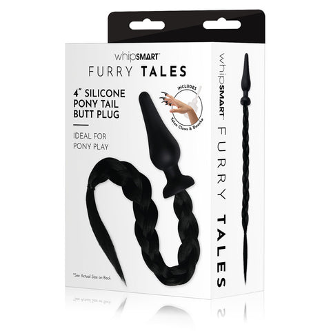 WhipSmart Furry Tales 4 Inch Silicone Pony Tail Butt Plug - Black 10.1 cm Butt Plug with Black Pony Tail - Image 1