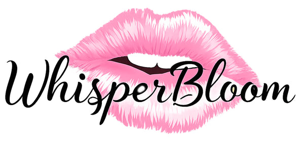 A pink illustrated pair of lips with the black cursive text 'WhisperBloom' overlaid across the center on a white background.
