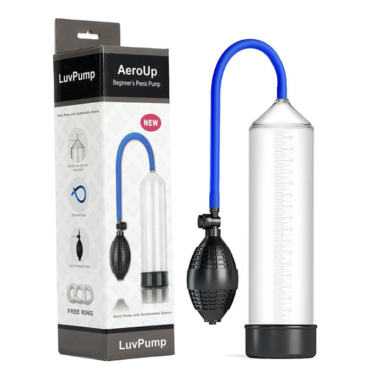 LuvPump AeroUp Beginners Penis Pump. Studio photo of the clear product on a white background.