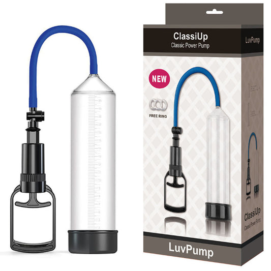 LuvPump ClassiUp Classic Power Pump. Studio photo of the clear product on a white background, another angle.