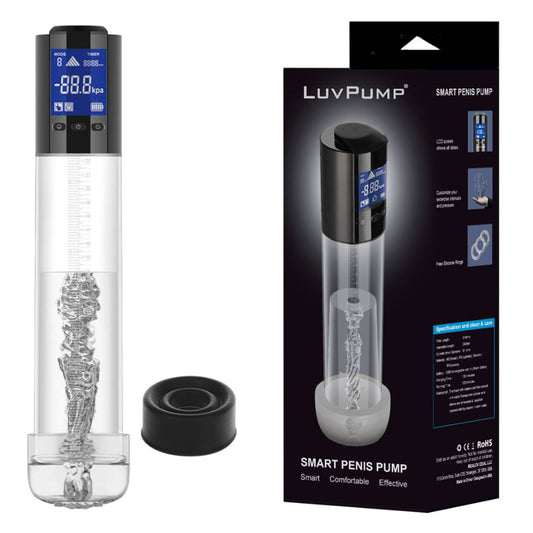 LuvPump Smart Penis Pump. The clear product shown with its retail packaging on white, another angle.