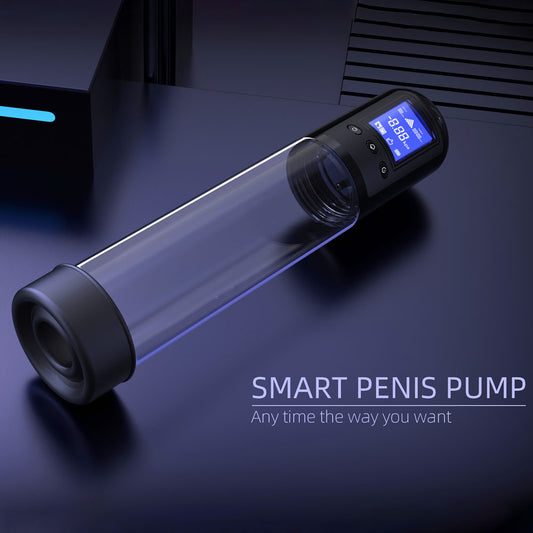 LuvPump Smart Penis Pump. The clear product on a coloured surface, tighter crop.