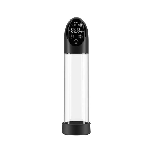 LuvPump Smart Penis Pump. Full view of the clear product on a white background, wider framing.