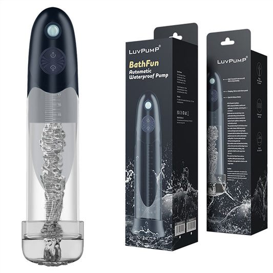 LuvPump BathFun USB Rechargeable Waterproof Automatic Penis Pump. The blue product shown with its retail packaging on white, another angle.