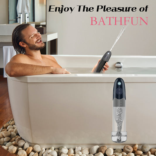 LuvPump BathFun USB Rechargeable Waterproof Automatic Penis Pump. The pink product on a brown surface.