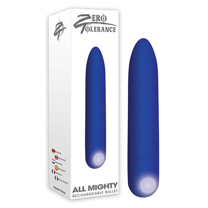 Blue rechargeable bullet with packaging displaying 'Zero Tolerance' branding on a white background.