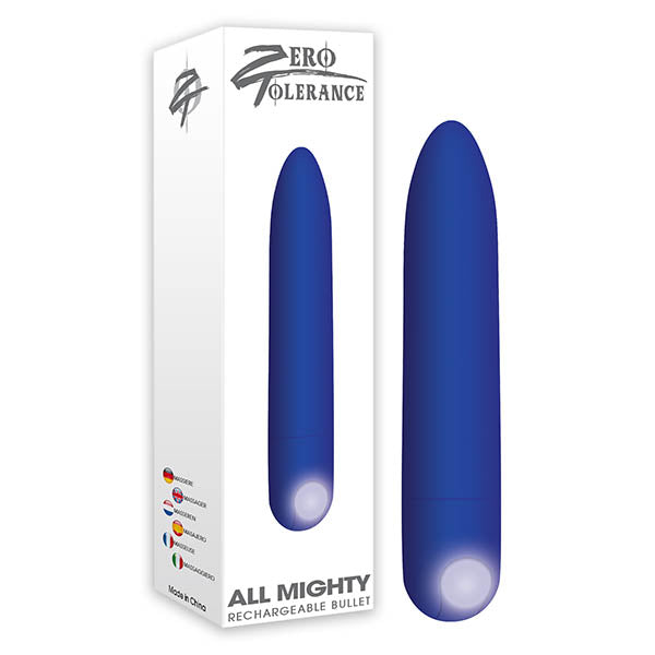 Blue rechargeable bullet with packaging displaying 'Zero Tolerance' branding on a white background.