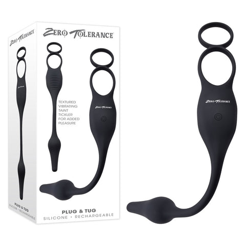 Zero Tolerance PLUG & TUG - Black USB Rechargeable Vibrating Cock Ring with Anal Plug - Image 1
