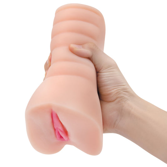 Zolo Stroke Off Virgin Pussy Stroker. Studio photo of the flesh stroker on a white background, a further angle.