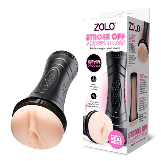Zolo STROKE OFF Pornstar Pussy. The flesh stroker fitted on a demonstration model against white.