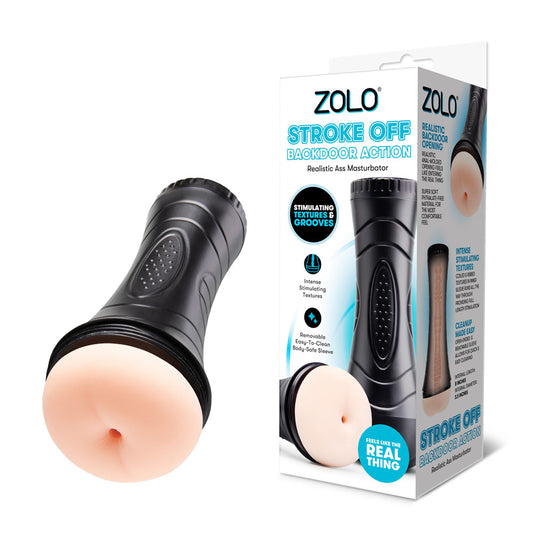 Zolo STROKE OFF Backdoor Action. The flesh stroker fitted on a demonstration model against white.