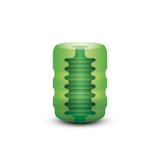 Zolo Original Pocket Stroker. Full view of the green stroker on a white background, another angle.