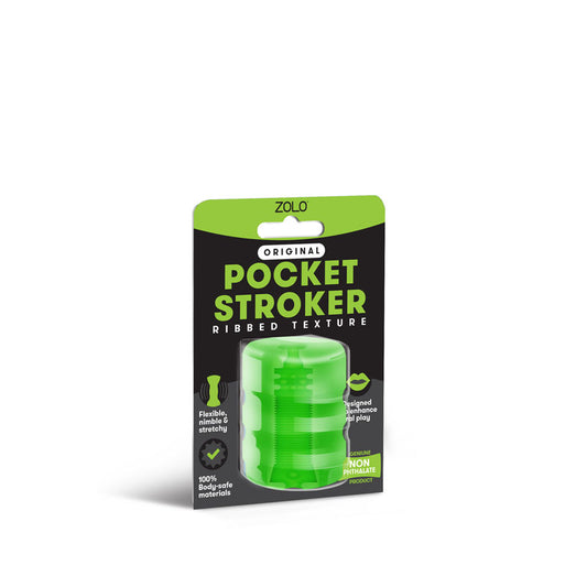 Zolo Original Pocket Stroker. Full view of the green stroker on a white background, wider framing.