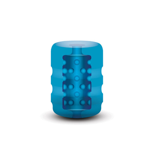 Zolo Backdoor Pocket Stroker. Full view of the blue stroker on a white background, another angle.