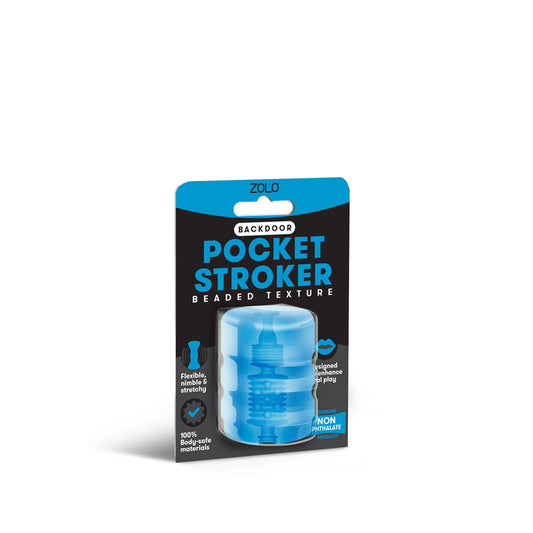 Zolo Backdoor Pocket Stroker. Full view of the blue stroker on a white background, wider framing.