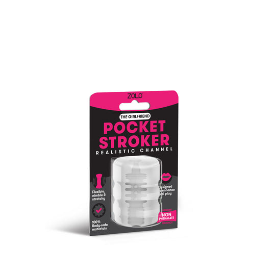 Zolo Girlfriend Pocket Stroker. Full view of the clear stroker on a white background, wider framing.