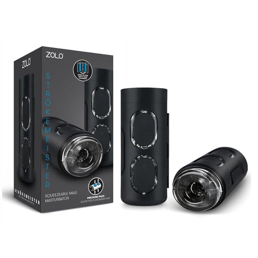 Zolo Strokemeister. The black stroker shown with its retail packaging on white, another angle.