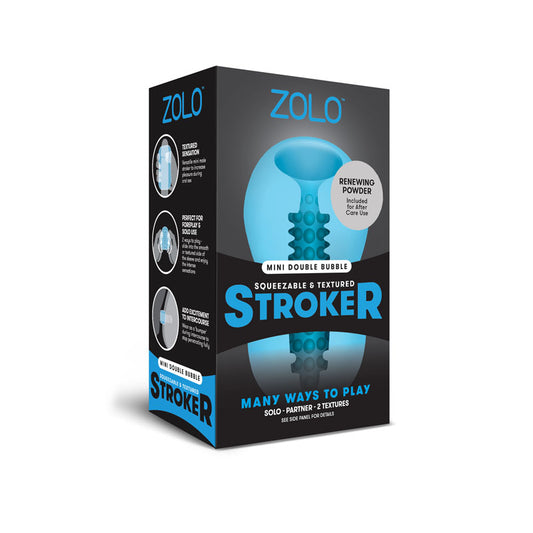 Zolo Mini Double Bubble Stroker. Studio photo of the blue stroker on a white background, another angle.