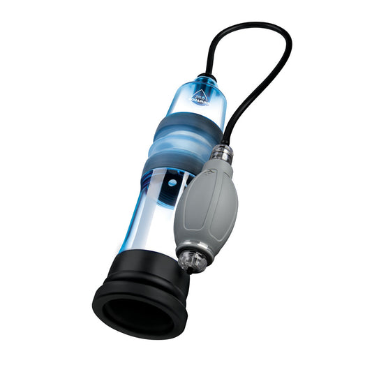 Zolo Aquapump Pro Blue Water Penis Pump. Full view of the product on a white background, wider framing.