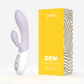 Purple and white dual pleaser rabbit vibrator with yellow ZINI packaging on a white background