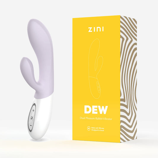 Purple and white dual pleaser rabbit vibrator with yellow ZINI packaging on a white background