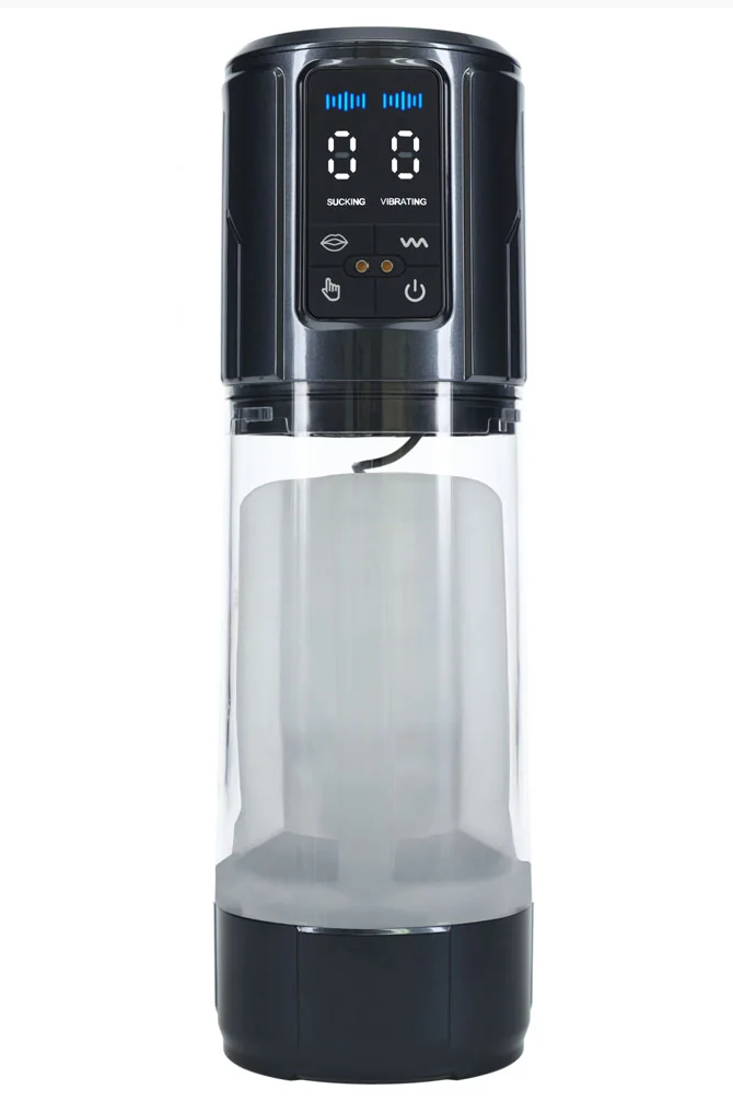 An electric shaker bottle with a black digital control panel on top, a clear cylindrical chamber in the middle, and a black base, shown against a plain white background.