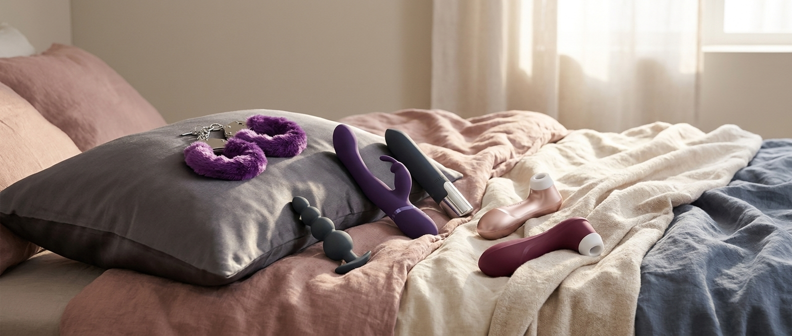 Several intimate massagers and accessories are arranged on a made bed with pink, cream, and blue bedding in a softly lit bedroom. No person or animal is visible, but the real bedroom environment is present, so this is Lifestyle rather than Product/Packaging.