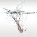 Product being submerged in water with a splash on a light gray background